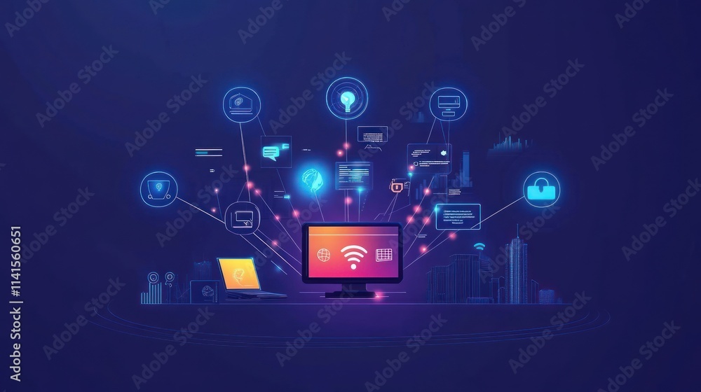 Poster digital illustration of interconnected devices and data symbols representing technology and connecti