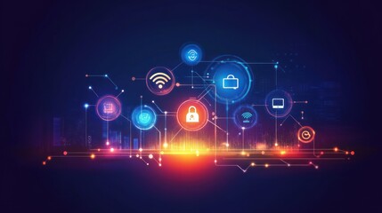 Fototapeta premium Digital icons representing technology, security, and connectivity in a vibrant graphic design.