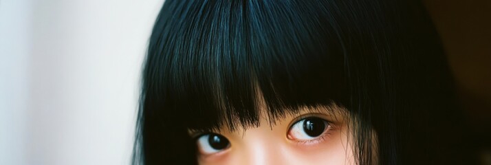 Close-up of a young girl with black hair and expressive eyes capturing innocence and curiosity