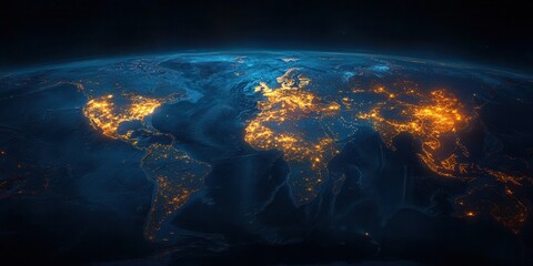 A stunning view of Earth at night, showcasing illuminated cities and landscapes against a dark backdrop, highlighting the planet's vibrant human activity.