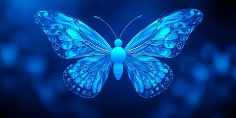 A luminous blue butterfly with intricate, glass-like wings, a symbol of transformation and ethereal beauty, floats in a deep blue, out-of-focus background.