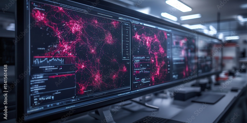 Aufkleber A high-tech workspace featuring multiple monitors displaying vibrant, complex data visualizations in red tones, suggesting advanced analytics or research.