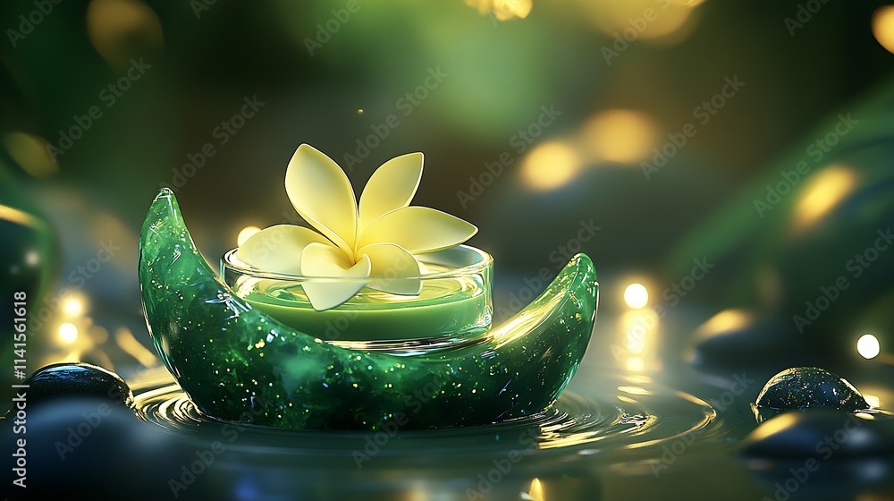 Poster peaceful spa setting with lotus flower candle and reflective waters : generative ai