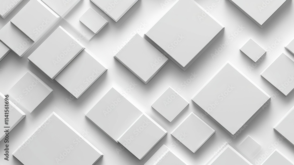 Poster modern white and light grey overlapping square pattern with shadows on minimalist white background, 