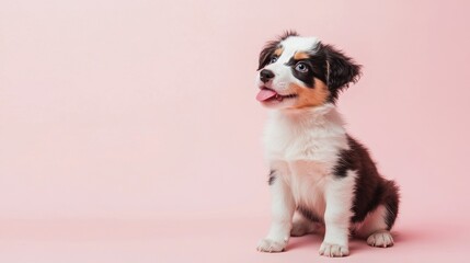 40.Funny Australian shepherd puppy sitting on a pastel pink background, head tilted slightly and tongue licking its nose; lively, bright expression with big, curious eyes; soft, warm lighting