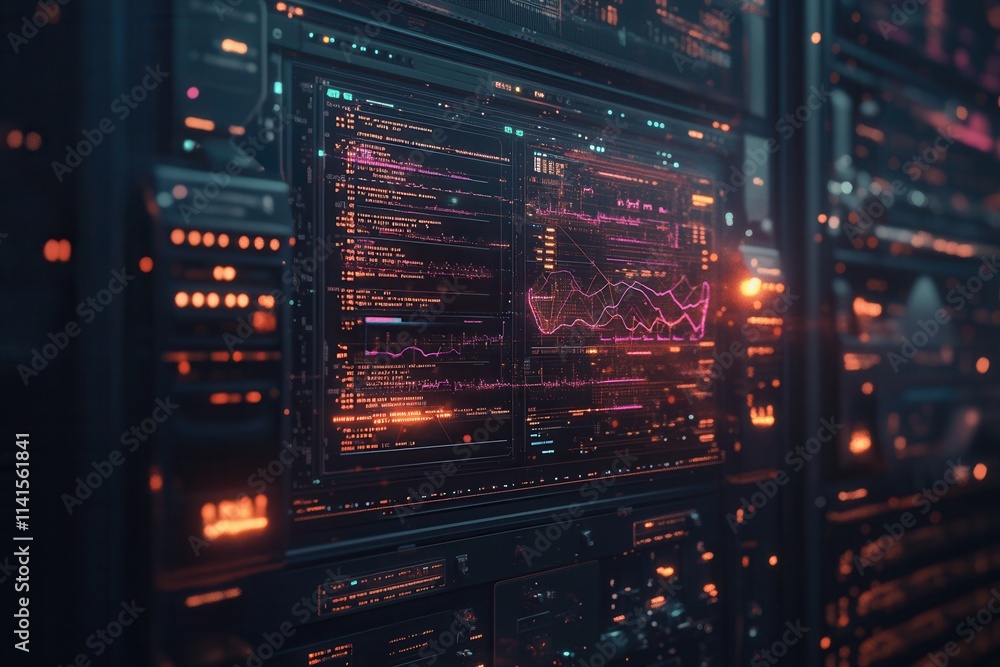 Poster a futuristic server room featuring illuminated panels and data visualizations, showcasing advanced t