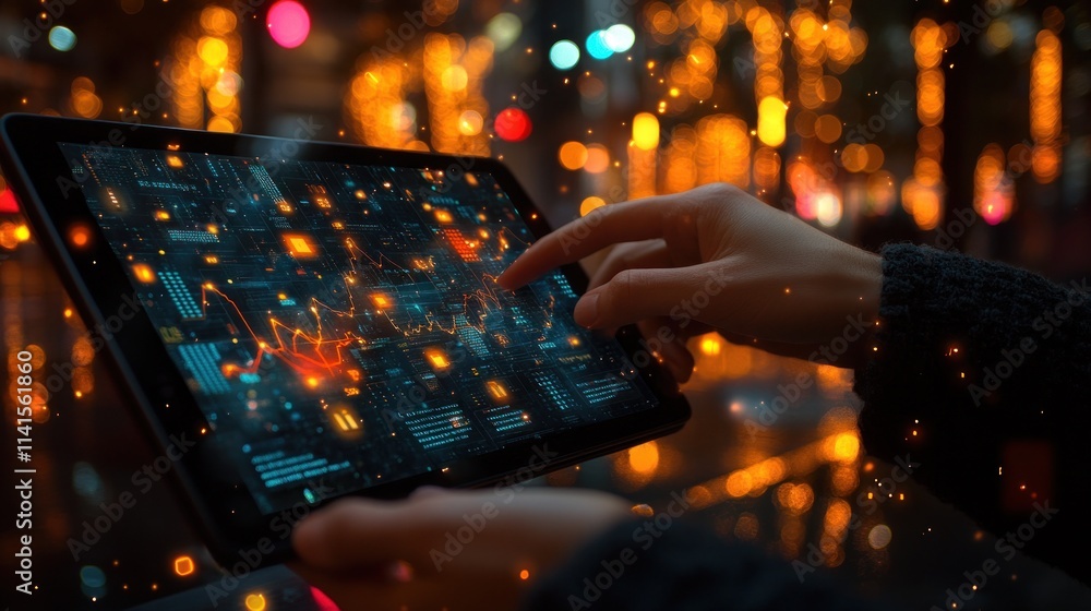 Poster person interacting with tablet displaying dashboard data analytics