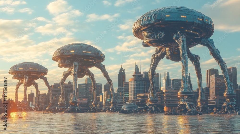 Poster Futuristic cityscape with alien-like structures hovering over a waterfront.