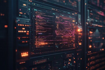 A futuristic server room featuring illuminated panels and data visualizations, showcasing advanced technology and vibrant colors.