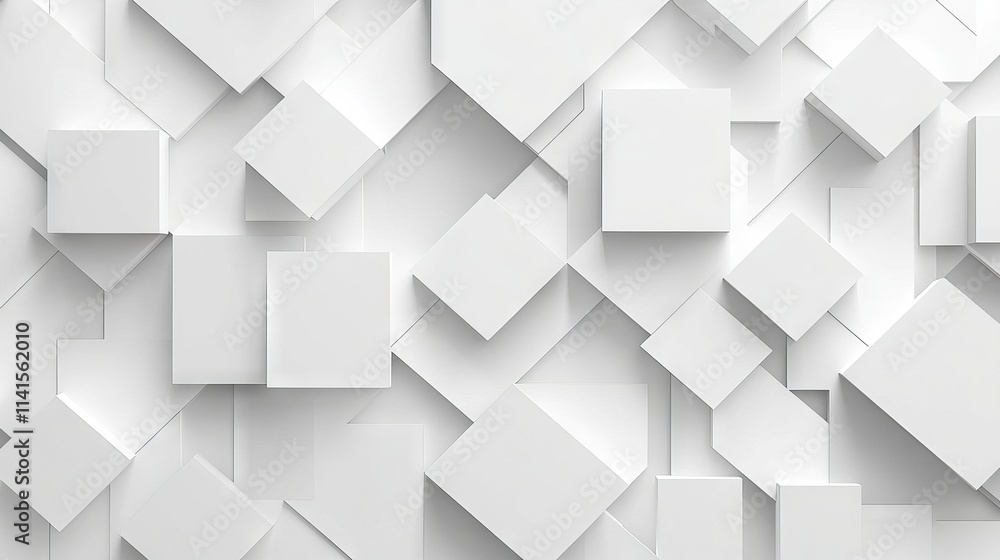 Poster modern white and light grey overlapping square pattern with shadows on minimalist white background, 