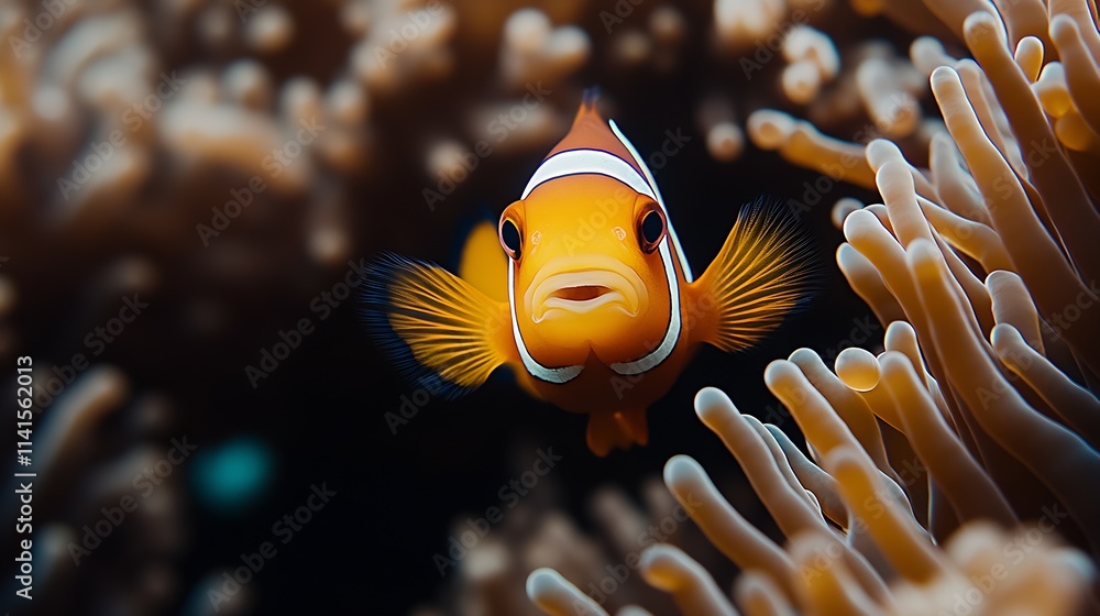 Poster clownfish gliding through colorful corals highlighting diverse marine ecosystems in ocean depths : g