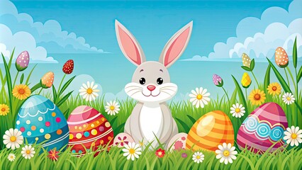 Bunny Easter Egg Hunt Cartoon Illustrations Set - Colorful 2D Line Art Characters and Objects for Springtime Celebrations, Perfect for Easter Themed Designs and Decorations