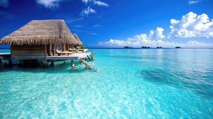Overwater bungalows on turquoise ocean, sunny sky.