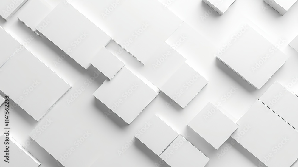 Poster modern white and light grey overlapping square pattern with shadows on minimalist white background, 