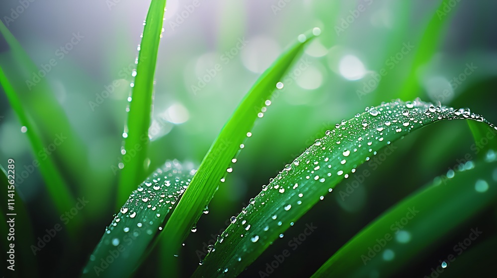Poster lush green foliage with dew drops illuminated by soft morning light : generative ai