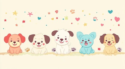 Naklejka premium 93.Decorative border with five adorable cartoon puppies, each with a cheerful smile and unique color pattern, positioned evenly around the frame; accents of tiny paw prints, stars, and hearts add a