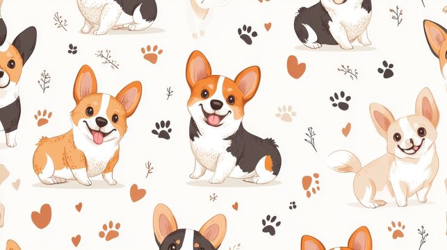 57.Cute cartoon corgi pattern with puppies in different poses, each corgi with a joyful expression and vibrant colors; corgis scattered across a light background, with small decorative elements like