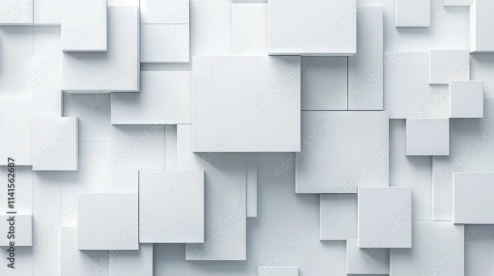 Poster modern white and light grey overlapping square pattern with shadows on minimalist white background, 