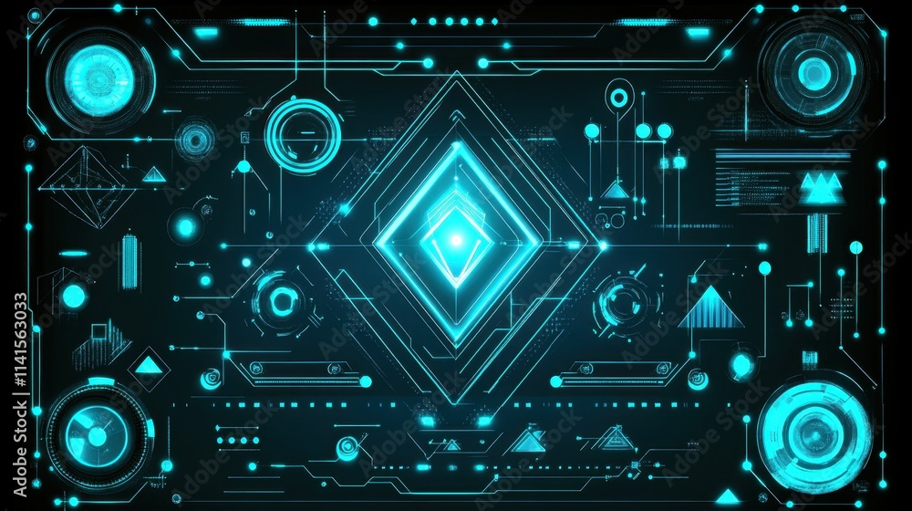 Poster futuristic digital interface with geometric patterns and glowing elements