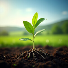 Fototapeta premium Young green plant sprouting from fertile soil with visible roots, symbolizing growth, nature, and sustainability in a lush outdoor environment.