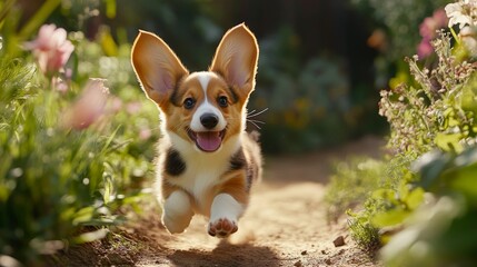Fototapeta premium 7.Welsh corgi puppy with large ears, excitedly trotting along a flower-lined dirt path; summer sunlight casts a warm glow on its golden and white fur; puppy's mouth slightly open as it pants, looking