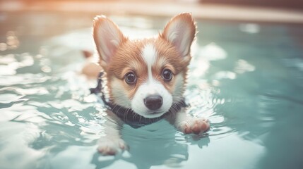 84.Fluffy corgi puppy in a swim vest, floating comfortably in a clinic pool with an enthusiastic expression; the soft evening light creates gentle reflections in the water, and the puppyâ€™s tiny paws