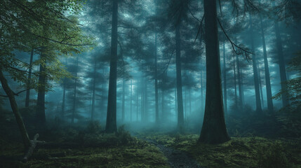 Fototapeta premium Thick fog swirling in the dark forest, tall trees with barely discernible trunks disappearing into the fog