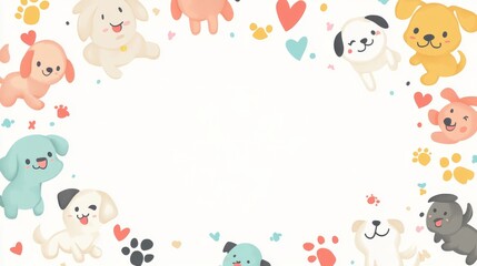92.Vector frame of tiny, smiling cartoon puppies arranged in a circular pattern, each with a different playful pose and expression; surrounding border includes little hearts, paw prints, and colorful