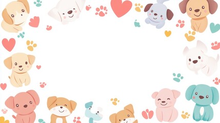 92.Vector frame of tiny, smiling cartoon puppies arranged in a circular pattern, each with a different playful pose and expression; surrounding border includes little hearts, paw prints, and colorful