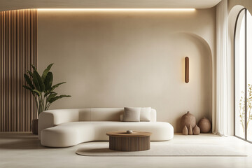 living room with a white couch, a coffee table, and a potted plant. The room has a minimalist and modern design, with a neutral color palette and clean lines