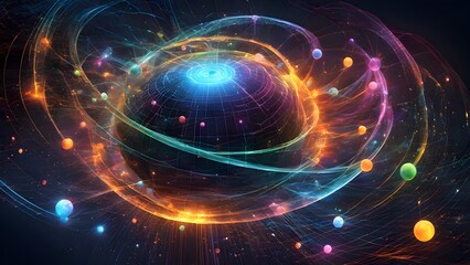 Fototapeta premium Using lines, nodes, and glowing particles to express information processing and visualize the interaction between quantum computing and AI.