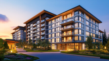 Modern apartment complex at sunset with landscaped surroundings