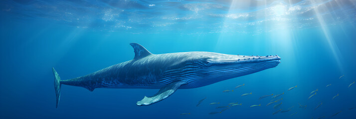 Fototapeta premium Magnificent Gliding Blue Whale in Azure Ocean Depths: A Scenic Illustration of Marine Serenity