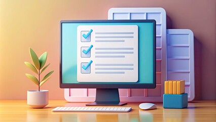 Obraz premium Computer and Checklist Concept: PC Monitor Displaying Paper Document and To-Do List with Checkboxes, Questionnaire Report in Vector 3D Style for Efficient Task Management