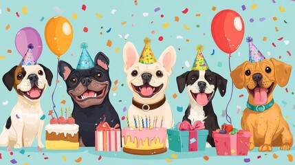 71.Cartoon illustration of a lively group of dogs celebrating a birthday party, including a cheerful bulldog, excited pug, smiling dachshund, happy labrador, and playful spaniel; each dog is wearing