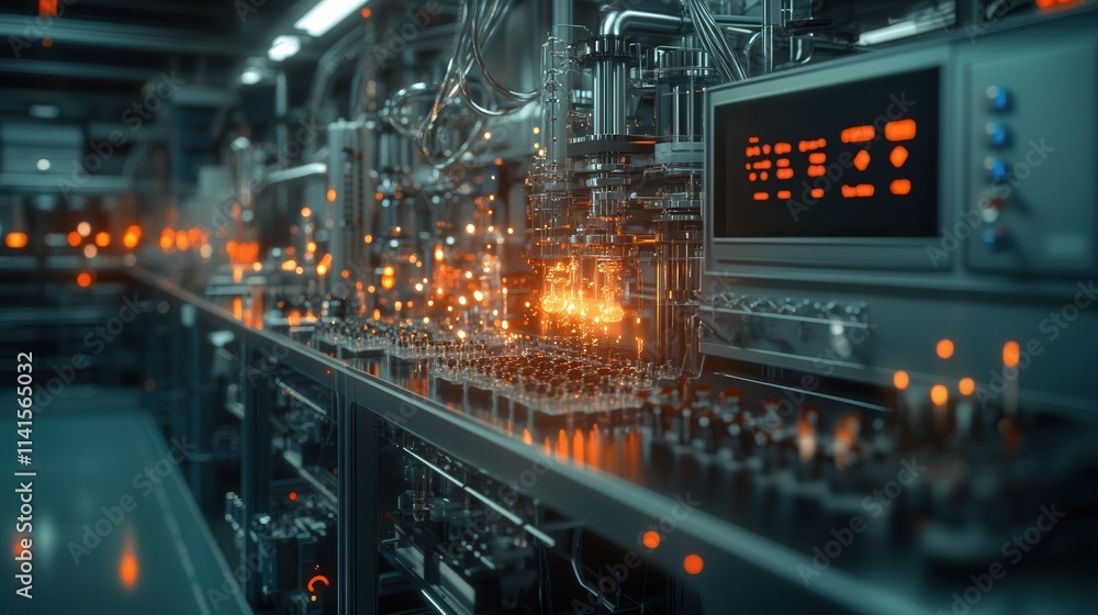 Poster a futuristic industrial setting with illuminated machinery and intricate piping, showcasing advanced