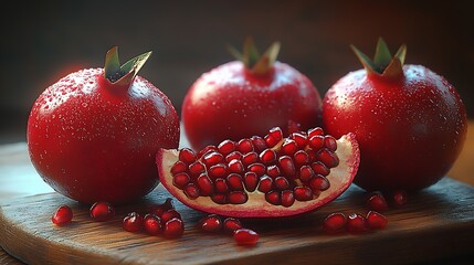 Trio of Whole and Cut Pomegranates with Vibrant Red Seeds on Wooden Board : Generative AI