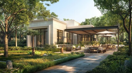 Modern house surrounded by lush greenery and a spacious outdoor dining area.