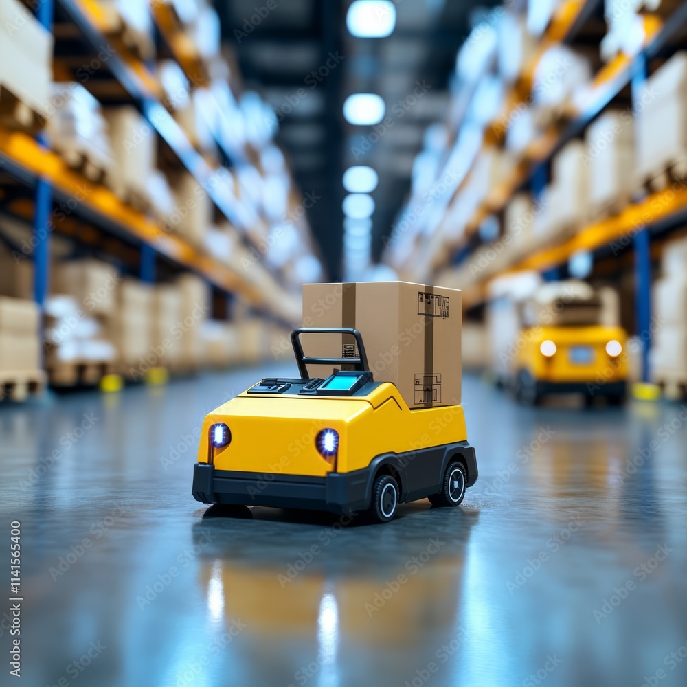 Poster futuristic automated warehouse with compact delivery robot transporting package in an organized stor