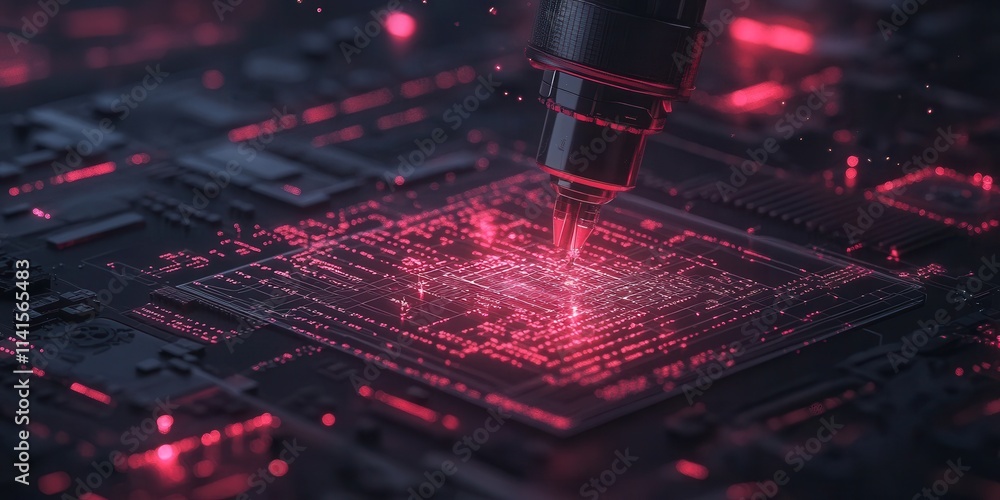Aufkleber a close-up view of a circuit board with glowing red highlights, featuring intricate patterns, sugges