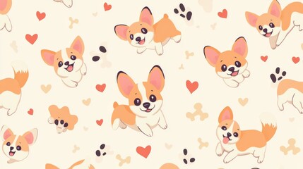 Obraz premium 56.Seamless pattern featuring cartoon corgis in various playful poses on a light pastel background; cute corgis with round eyes and fluffy tails, some running, others sitting or sleeping; pattern
