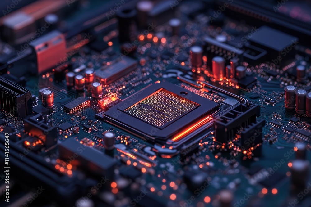 Poster A close-up view of a circuit board featuring a glowing microprocessor, highlighting intricate details and vibrant colors.
