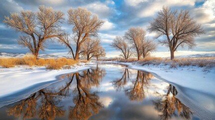 Winter Landscape with Serenity in Snowy River and Bare Trees
