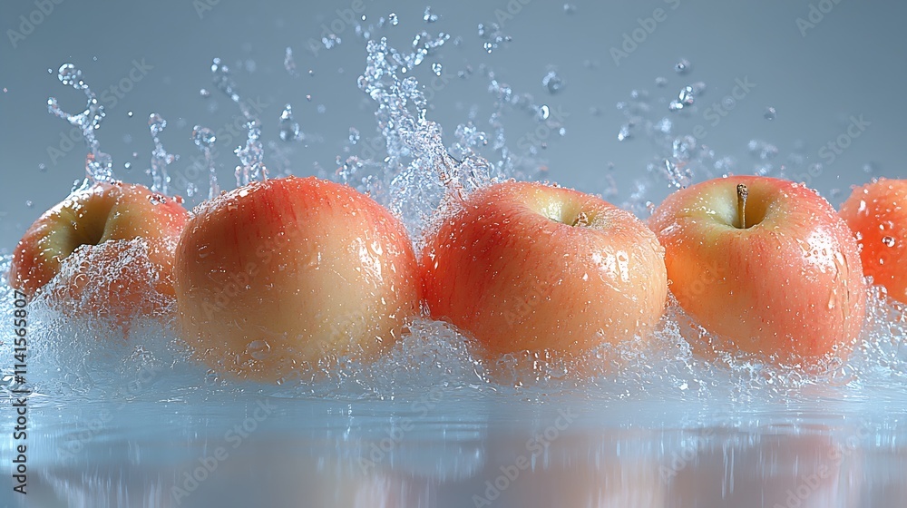 Poster five juicy apples making a big splash in clear rejuvenating water : generative ai