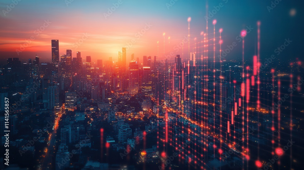 Poster a vibrant city skyline at sunset, overlaid with dynamic data visualizations, symbolizing technology 