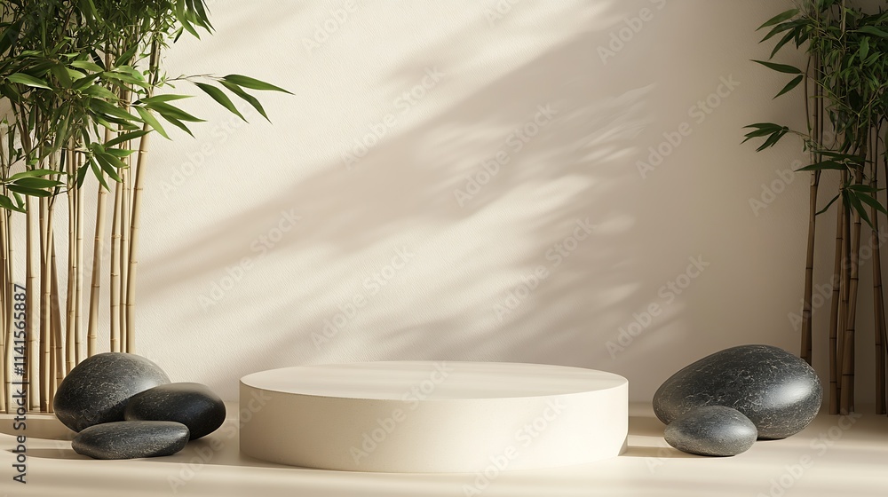 Poster elegant minimal zen space with bamboo and stone decor for relaxation : generative ai