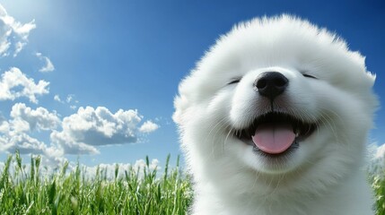 89.Samoyed puppy outdoors, with a big, happy grin and tongue slightly out, surrounded by fresh green grass and blue skies; the sunlight makes its thick, white fur appear even fluffier, adding a sense