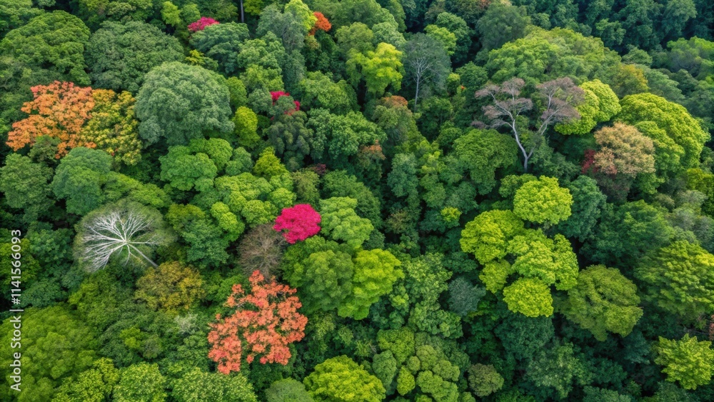 Poster aerial view of a dense forest canopy displaying a vibrant mix of green and colorful trees during the