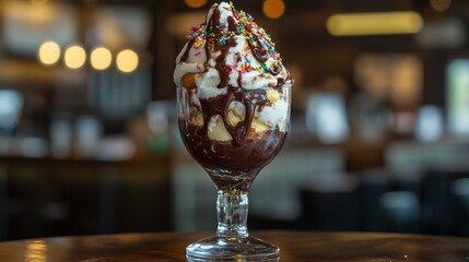 Delightful Ice Cream Sundae with Toppings and Sprinkles in Glass