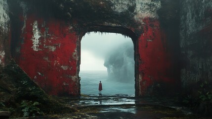Mysterious Ocean Ruins: A Solitary Figure in Fog